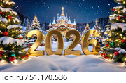 Золотые цифры 2026 на фоне Рожественской ярмарки. Стоковое AI-изображение, AI-художник Терехова Марина / Фотобанк Лори