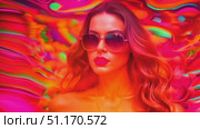 Charming woman stands confidently in front of a vibrant, colorful background, wearing stylish sunglasses. Стоковое AI-видео, аниматор Данила Большаков / Фотобанк Лори