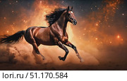 Horse gallops through a dusty terrain, against the backdrop of a clear sky. Стоковое AI-видео, аниматор Данила Большаков / Фотобанк Лори
