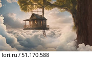 Charming treehouse perched high in the clouds, providing a one-of-a-kind oasis amidst sky. Стоковое AI-видео, аниматор Данила Большаков / Фотобанк Лори