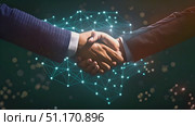 Two individuals meet to finalize an agreement in a modern business setting with digital elements. Стоковое AI-видео, аниматор Данила Большаков / Фотобанк Лори