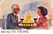 A couple laughs and shares wine while sitting by a warm fire under a twilight sky. Стоковое AI-видео, аниматор Данила Большаков / Фотобанк Лори