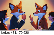 Two animated foxes and two boys hold a business discussion in a bright office environment. Стоковое AI-видео, аниматор Данила Большаков / Фотобанк Лори