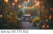 Enjoy a serene evening gathering surrounded by glowing lights and lush greenery. Стоковое AI-видео, аниматор Данила Большаков / Фотобанк Лори