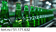 Beer Bottling plant. Green Beer Bottles in rows. Bottling process in modern factory. Capped Glass Beer Bottles ready for distribution in a brewery. Manufacturing. Production of beer in a glass bottle. Стоковое AI-изображение, AI-художник Марина Демидюк / Фотобанк Лори