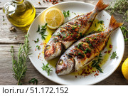 Grilled fish on a white plate, top view, wooden backdrop. Fried fish with slice of lemon and fresh herbs, olive oil. Snapper or sea bream on kitchen table. For cooking background or menu design. Стоковое AI-изображение, AI-художник Марина Демидюк / Фотобанк Лори