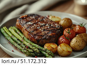 Succulent grilled steak is plated with tender asparagus, roasted tomatoes, and golden potatoes. Стоковое AI-изображение, AI-художник Татьяна  Бральнина / Фотобанк Лори