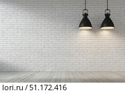 Modern black pendant lights with vintage light bulb hanging among bricks wall. Hanging ceiling light in a white shared office space. Decorative geometric metal lamp. Suspended chandelier loft style. Стоковое AI-изображение, AI-художник Марина Демидюк / Фотобанк Лори