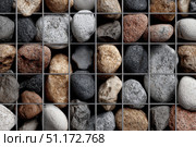 Gabion wall. Abstract architectural background of rough retaining wall made from rocks in steel cage gabion baskets. Retaining wall gabion basket, caged stones textured backdrop. Modern granite rubble. Стоковое AI-изображение, AI-художник Марина Демидюк / Фотобанк Лори