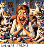A startled woman with wide eyes and hands on her face sits at a cluttered table, surrounded by various animated cats. Their expressions range from menacing to playful, amidst scattered items like yarn balls, sewing threads, and overturned coffee cup. Стоковое AI-изображение, AI-художник Андрей Ка / Фотобанк Лори