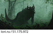 A colossal creature prowls stealthily amidst the shadows of a misty forest. Стоковое AI-видео, аниматор Данила Большаков / Фотобанк Лори