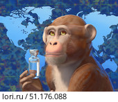 Primate holding glass vaccine vial, in front of detailed world map, symbolizing global scientific research, medical advancements, and exploration in health and innovation. Стоковое AI-изображение, AI-художник Андрей Ка / Фотобанк Лори