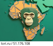 Monkey head over african map pins emphasizing continental spread of Monkeypox Virus infection. Highlighting focus on origin zones - smallpox, rash. Other definitions - mpox, mpxv, mpx. Стоковое AI-изображение, AI-художник Андрей Ка / Фотобанк Лори