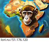 Monkey against the African continent map, symbolizing the spread of Monkeypox Virus infection. Outbreak smallpox, rash, mpox, mpxv, mpx. Highlights the virus origin, geography, and potential impact. Стоковое AI-изображение, AI-художник Андрей Ка / Фотобанк Лори