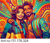 Happy couple enjoying festive shopping experience, holding presents in colorful bags, vibrant abstract background with dynamic holiday spirit, Christmas discounts and Black Friday offers. Стоковое AI-изображение, AI-художник Андрей Ка / Фотобанк Лори