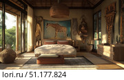 Elegant safari lodge bedroom with African decor and a large window overlooking lush green nature. Стоковое AI-изображение, AI-художник Михаил Коханчиков / Фотобанк Лори