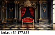 Elegant opulent interior with red velvet furniture in a luxurious black and gold room. Стоковое AI-изображение, AI-художник Михаил Коханчиков / Фотобанк Лори