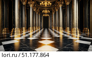 Elegantly designed hall with marble floor and golden columns showcases classic architecture and stunning decor. Стоковое AI-изображение, AI-художник Михаил Коханчиков / Фотобанк Лори