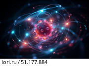 Atom with rotating electrons, energy and matter concept background. Стоковое AI-изображение, AI-художник Михаил Коханчиков / Фотобанк Лори