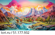 Vibrant mountain landscape with colorful peaks. Стоковое AI-изображение, AI-художник Михаил Коханчиков / Фотобанк Лори