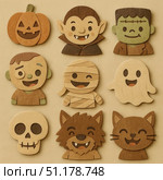 Cute die-cut Halloween characters on wood: pumpkin, vampire, monsters. Стоковое AI-изображение, AI-художник Владислав Войтов / Фотобанк Лори