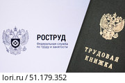 Роструд. Трудовая книжка сфотографирована на фоне сайта федеральной службы по труду и занятости. rostrud.gov.ru. Редакционное фото, фотограф Олег Безруков / Фотобанк Лори