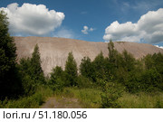 Industrial landscape - a massive waste heap rising behind green forest vegetation. The huge mound of grey-brown rock mass contrasts with the dense greenery of trees and bushes in the foreground. In the background there is a blue sky with large white clouds, emphasizing the scale and severity of the object. The combination of industrial elements and the natural environment creates a striking contrast between man and nature. Such a photograph can be used to illustrate the themes of ecology, industry, mining, anthropogenic impact on the environment. Стоковое фото, фотограф Анна Кривицкая / Фотобанк Лори