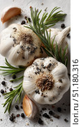 Fresh Garlic Bulbs With Herbs on a White Surface Create an Appealing Culinary Display. Стоковое AI-изображение, AI-художник Юлия Гапеенко / Фотобанк Лори