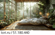 Nature-inspired bedroom featuring organic double bed, living green walls, and reclaimed wood surfaces. Biophilic design blending comfort with organic beauty. Стоковое AI-изображение, AI-художник Светлана Леуто / Фотобанк Лори