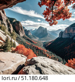 Majestic Mountain View From A Cliffside Overlook In Autumn. Generative AI. Стоковое AI-изображение, AI-художник Roman Zavorotny / Фотобанк Лори