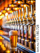 Glass of Beer on Bar Counter With Multiple Taps. Generative AI. Стоковое AI-изображение, AI-художник Roman Zavorotny / Фотобанк Лори
