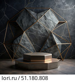 Geometric Stone And Gold Frame Background With Octagonal Pedestal. Generative AI. Стоковое AI-изображение, AI-художник Roman Zavorotny / Фотобанк Лори