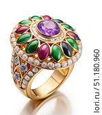 A Milt-Gemstone Gold Ring With a Large Amethyst Center Stone. Generative AI. Стоковое AI-изображение, AI-художник Roman Zavorotny / Фотобанк Лори