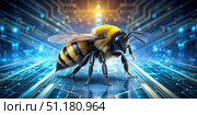 Bumblebee Navigating a Digital Circuitry Landscape. Generative AI. Стоковое AI-изображение, AI-художник Roman Zavorotny / Фотобанк Лори