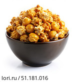 Caramel Popcorn in a Brown Bowl Against a White Background. Generative AI. Стоковое AI-изображение, AI-художник Roman Zavorotny / Фотобанк Лори