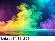 A vibrant scene of colorful smoke rising from a reflective surface creating a mesmerizing and otherworldly effect. Стоковое AI-изображение, AI-художник Коханова Наталья / Фотобанк Лори