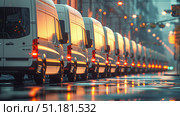 Modern Logistics Center with Parked Delivery Vans Ready for Dispatch in Bustling City. Стоковое AI-изображение, AI-художник Katsiaryna Repich / Фотобанк Лори