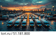 Modern Logistics Center with Parked Delivery Vans Ready for Dispatch in Bustling City. Стоковое AI-изображение, AI-художник Katsiaryna Repich / Фотобанк Лори