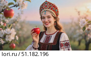 Hyperreal medium portrait: a beautiful woman in a jeweled kokoshnik and embroidered sarafan holds a ripe red apple in one han. Стоковое AI-видео, аниматор Виктория Кольцова / Фотобанк Лори