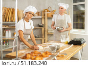 Man and woman, experienced bakers, prepare dough for baguettes and croissants together in private bakery. Стоковое фото, фотограф Татьяна Яцевич / Фотобанк Лори