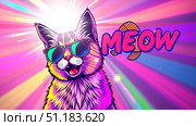 Bright lens flare, iridescent colors, pop art illustration, cat wearing sunglasses, vibrant fish, playful elements, bold MEOW text. Стоковое AI-изображение, AI-художник Васильева Юлия / Фотобанк Лори