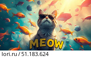 The cat in sunglasses is looking at a flock of fish. The inscription meow. Стоковое AI-изображение, AI-художник Васильева Юлия / Фотобанк Лори