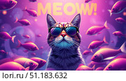 Soft dreamy atmosphere colorful pop art illustration a cat wearing sunglasses surrounded by vibrant fish playful elements bold MEOW. Стоковое AI-изображение, AI-художник Васильева Юлия / Фотобанк Лори