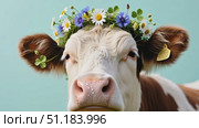 Hyper-real close-up: gentle cow muzzle wearing a wreath of wildflowers. Стоковое AI-видео, аниматор Виктория Кольцова / Фотобанк Лори