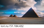 Three ancient pyramids standing tall in the vast desert landscape, with overcast skies above adding a dramatic backdrop to the scene. Стоковое AI-видео, аниматор Данила Большаков / Фотобанк Лори