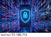 Смартфон с сияющим значком замка в щите. Стоковое AI-изображение, AI-художник Елена Болотина / Фотобанк Лори