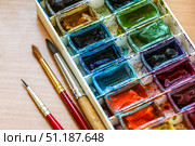 Top view of paintbrushes palette and watercolor paints. Стоковое фото, фотограф Denis Vostrikov / Фотобанк Лори