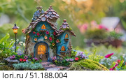 A charming fairy house sits nestled among colorful flowers, illuminated by warm sunset light in a beautiful garden setting. Стоковое AI-видео, аниматор Данила Большаков / Фотобанк Лори