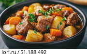 Delicious homemade beef stew with potatoes and carrots in a black bowl. The hearty dish is garnished with fresh green herbs and served on a dark table. The photo emphasizes warmth, comfort, and rustic flavors, making it perfect for illustrating seasonal food, winter meals, or festive family dinners. This dish is especially popular in Russia during colder months and fits the mood of traditional celebrations or cozy gatherings. Стоковое AI-видео, аниматор Ксения Чунаева / Фотобанк Лори