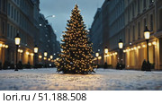 A beautifully decorated Christmas tree stands in the center of a snow-covered street, surrounded by historic buildings and glowing street lamps. The warm lights of the tree contrast with the cool, wintry evening atmosphere, creating a festive and peaceful holiday scene. Стоковое AI-видео, аниматор Ксения Чунаева / Фотобанк Лори
